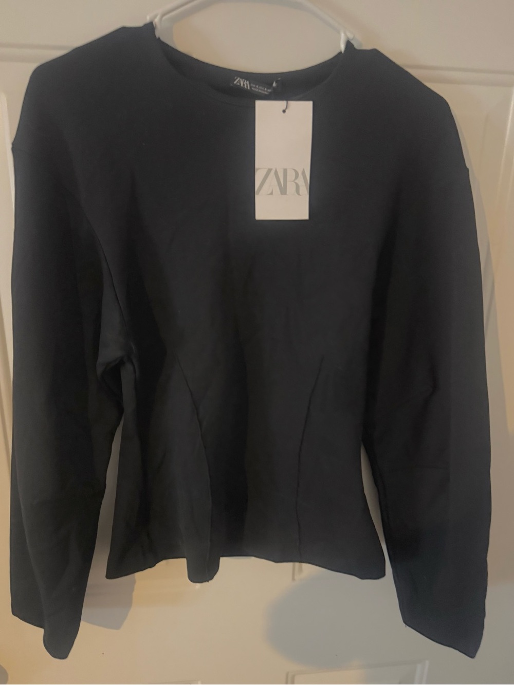 Zara Black Long Sleeve Crewneck Top with Curved Seams